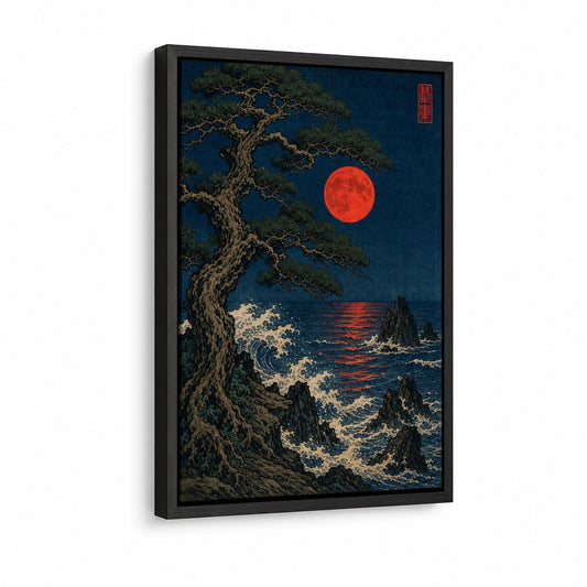 Japanese Pine Red Moon Floater Frame Canvas Wall Art - canvas wall art by AUSJOJO