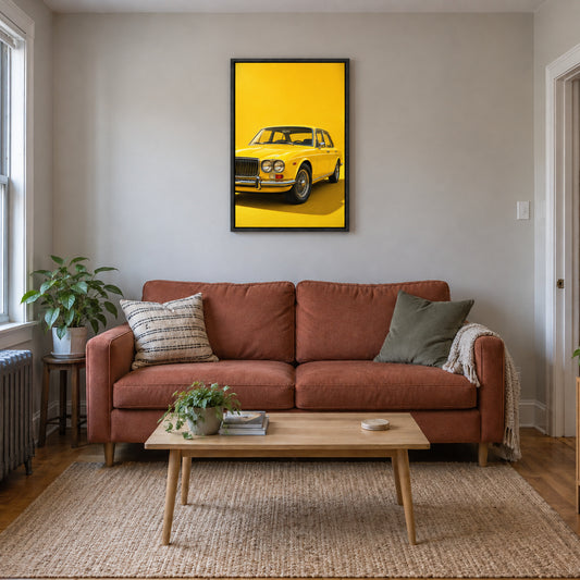 original yellow vintage sedan in clean studio setting in black frame room scene