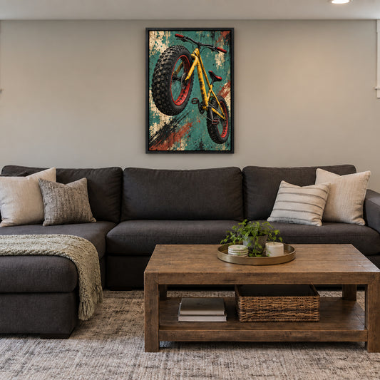 fat-tire bicycle graffiti artwork in black frame room scene