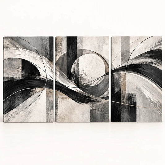Black Charcoal Architectural Sweep Abstract Triptych Wrapped Canvas Wall Art - 01 main
