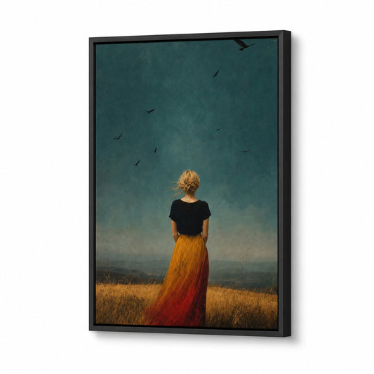 Blonde Woman Gold Grass Teal Sky Floater Frame Canvas Wall Art - canvas wall art by AUSJOJO