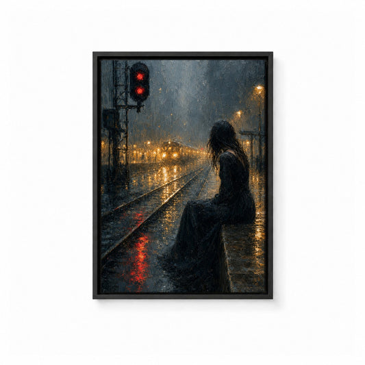 Rainy Railway Station Woman Floater Frame Canvas Wall Art — main artwork in a floater frame