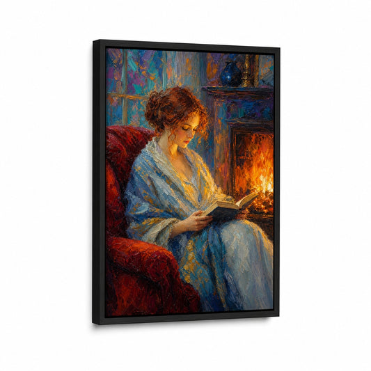 Reading Woman Fireplace Impasto Floater Frame Canvas Wall Art - canvas wall art by AUSJOJO