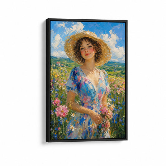 Impressionist Young Woman Wildflowers Hat Floater Frame Canvas Wall Art - floral wall decor by AUSJOJO