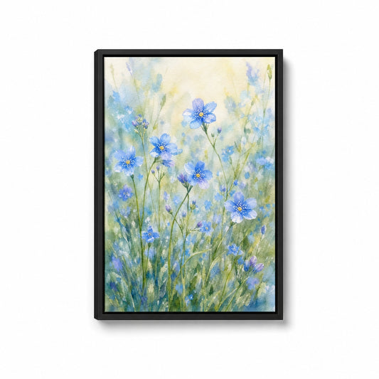 Blue Wildflowers Dreamy Watercolor Floater Frame Canvas Wall Art - floral wall decor by JOJOShop
