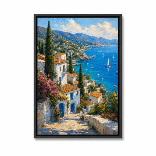 Mediterranean Coastal Village Impasto Floater Frame Canvas Wall Art - coastal wall decor by AUSJOJO