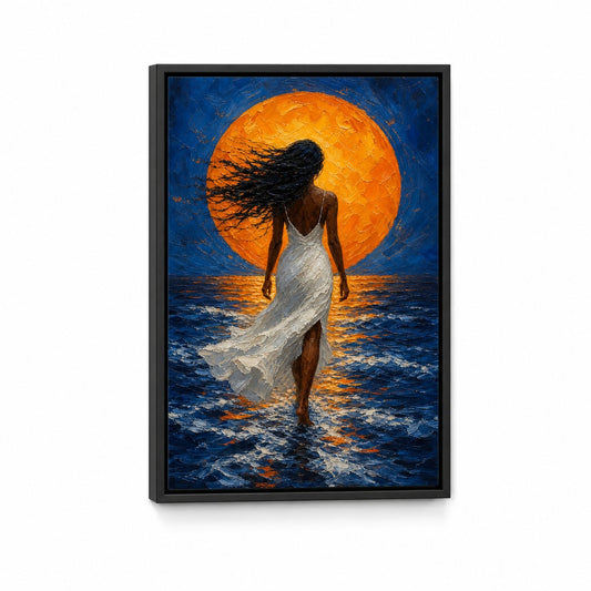 Woman White Dress Orange Sun Ocean Floater Frame Canvas Wall Art - coastal wall decor by AUSJOJO
