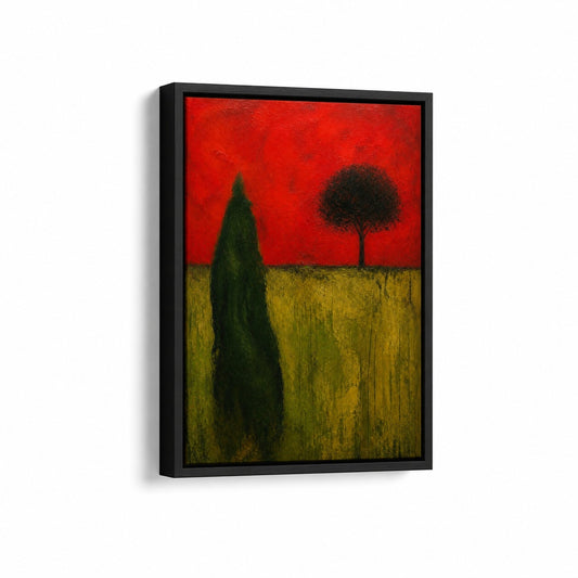 Green Organic Shape Red Sky Tree Expressionist Floater Frame Canvas Wall Art - canvas wall art by AUSJOJO