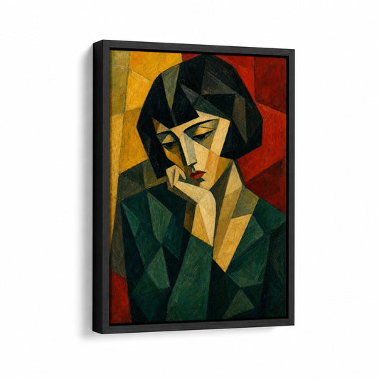 Cubist Woman Bob Green Red Yellow Floater Frame Canvas Wall Art — main artwork in a floater frame