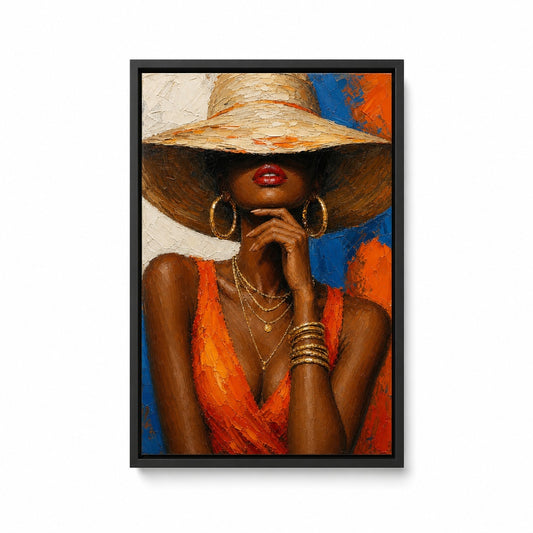 Black Woman Hat Orange Fashion Impasto Floater Frame Canvas Wall Art - canvas wall art by AUSJOJO