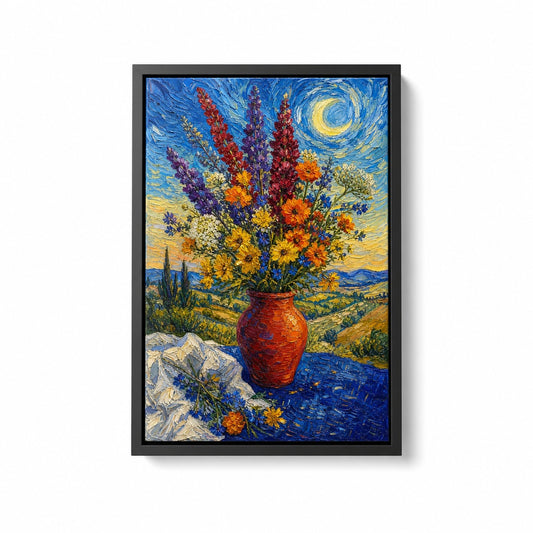 Post Impressionist Flower Vase Blue Tablecloth Floater Frame Canvas Wall Art - floral wall decor by AUSJOJO