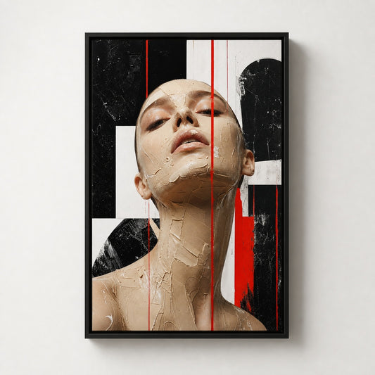 Avant Garde Beige Paste Portrait Red Lines Floater Frame Canvas Wall Art - canvas wall art by AUSJOJO