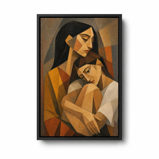 Cubist Two Women Embrace Earthtone Floater Frame Canvas Wall Art - canvas wall art by AUSJOJO