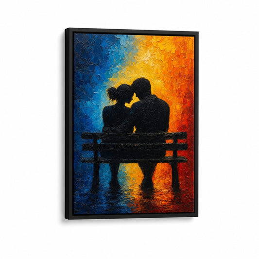 Couple Silhouette Bench Cold Warm Impasto Floater Frame Canvas Wall Art — main artwork in a floater frame