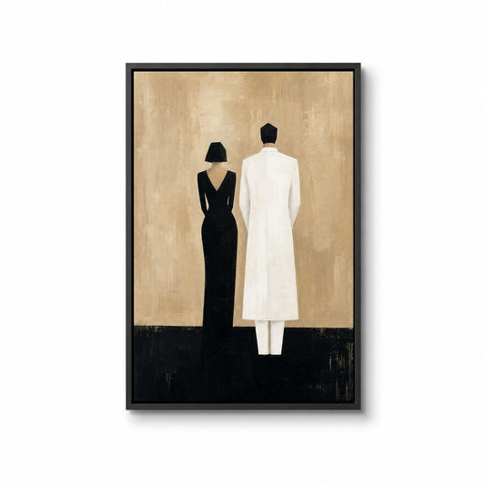 Black White Couple Silhouettes Minimal Floater Frame Canvas Wall Art — main artwork in a black floater frame