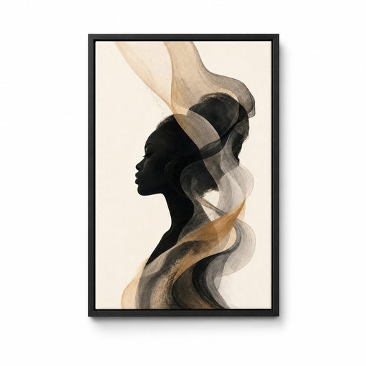 Black Female Profile Ribbon Abstract Floater Frame Canvas Wall Art — main artwork in a black floater frame