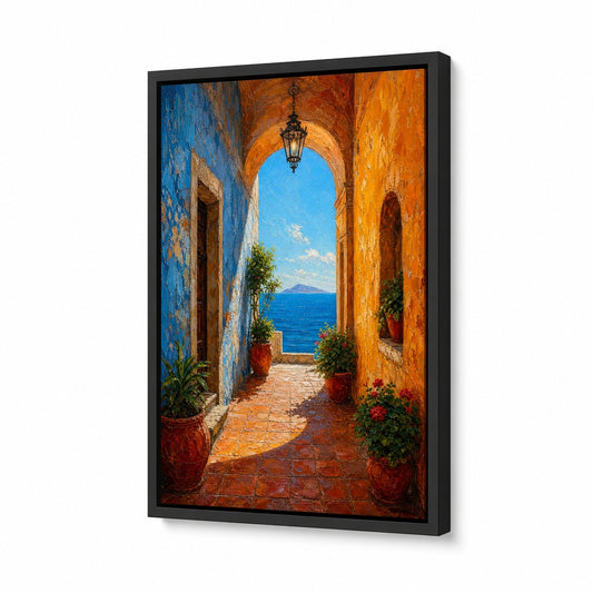Mediterranean Arch Corridor Sea Impasto Floater Frame Canvas Wall Art - coastal wall decor by AUSJOJO