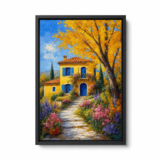 Yellow Country Villa Autumn Tree Floater Frame Canvas Wall Art - canvas wall art by AUSJOJO