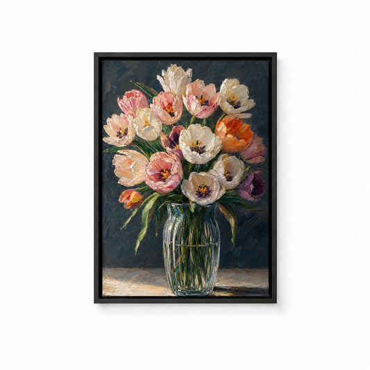 Pink and White Tulips in Glass Vase Floater Frame Canvas Wall Art — main artwork in a floater frame