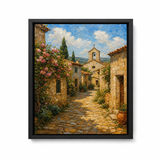 Sunny European Stone Village Impasto Floater Frame Canvas Wall Art — main artwork in a floater frame