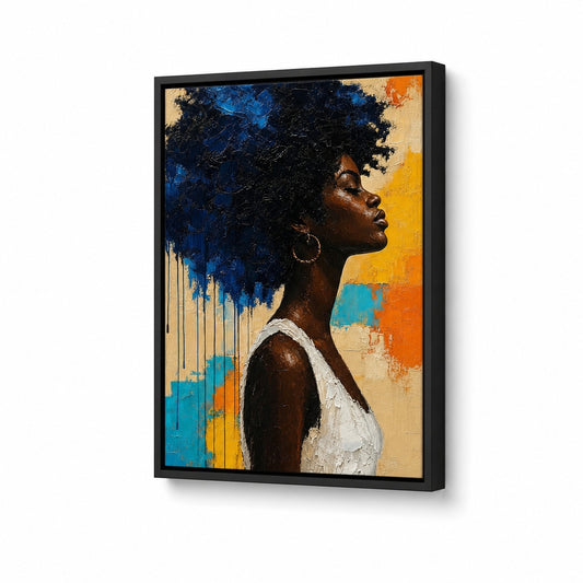 Blue Afro Profile Impasto Portrait Floater Frame Canvas Wall Art — main artwork in a floater frame
