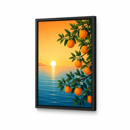 Citrus Branch Sunset Sea Floater Frame Canvas Wall Art — main artwork in a floater frame