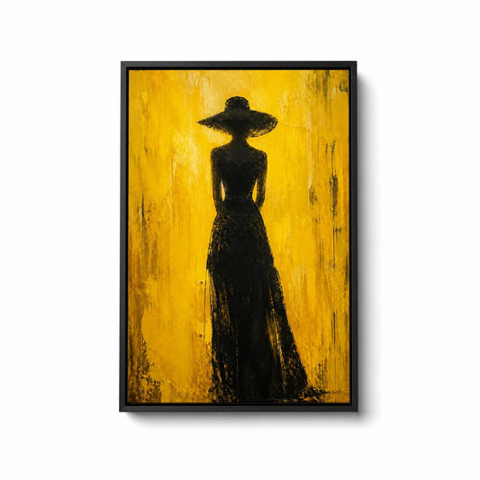 Woman Hat Silhouette Yellow Expressionist Floater Frame Canvas Wall Art - canvas wall art by AUSJOJO