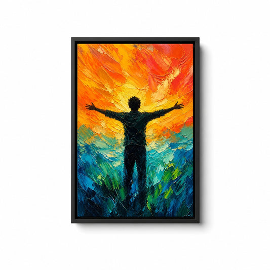 Silhouette Arms Open Sunset Turquoise Floater Frame Canvas Wall Art — main artwork in a floater frame