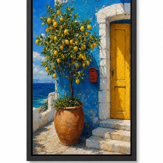 Mediterranean Blue House Lemon Tree Floater Frame Canvas Wall Art — main artwork in a floater frame
