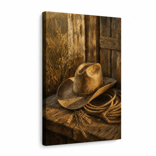 Rustic Cowboy Hat Still Life Canvas Wall Art - farmhouse wall decor by AUSJOJO