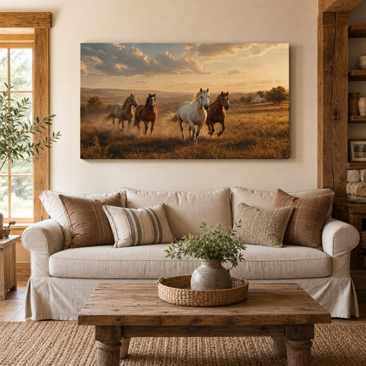Running Horses Country Canvas Wall Art living room wall mockup