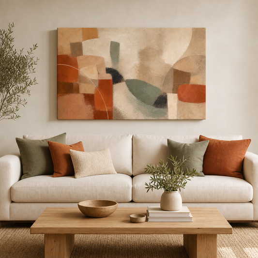 Earth Tone Modern Abstract Sofa Canvas Wall Art - Living room wall mockup