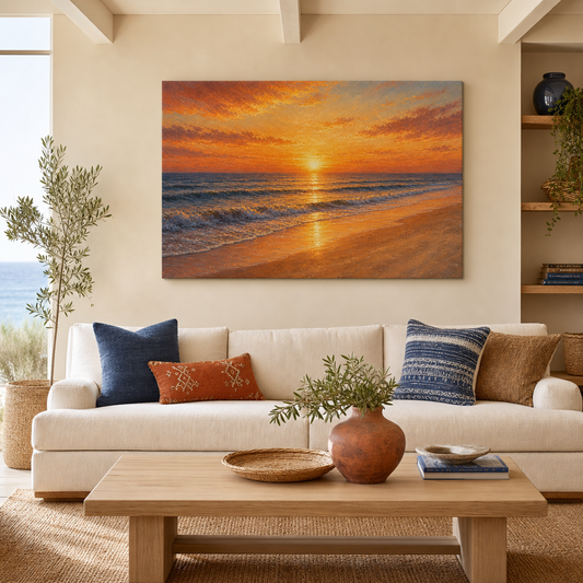 Sunset coast ocean canvas wall art in living room