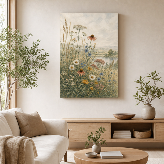 Wildflower Meadow Botanical Canvas Wall Art - Living room wall mockup