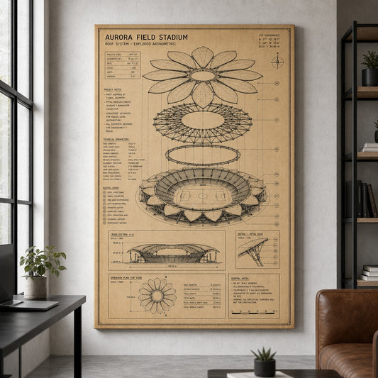 Kraft Paper Stadium Roof Blueprint Canvas Wall Art living room wall mockup