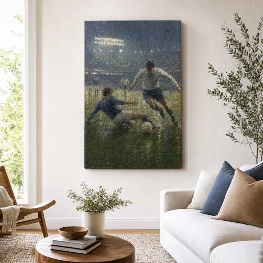 Impressionist Rain Tackle Soccer Canvas Wall Art living room wall mockup
