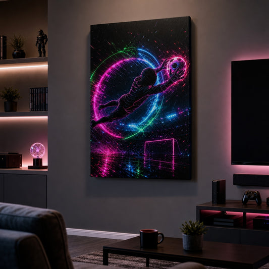 Neon Keeper Save Soccer Canvas Wall Art living room wall mockup