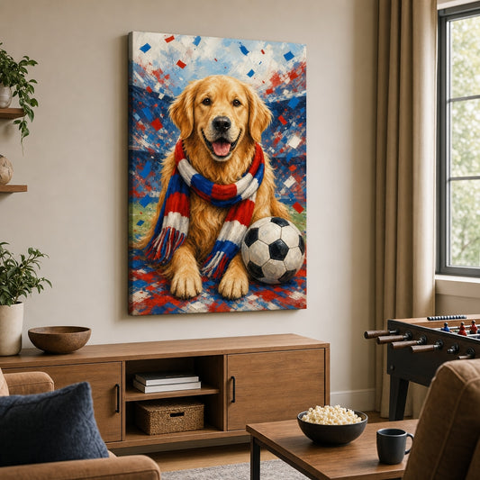 Golden Retriever Soccer Fan Canvas Wall Art canvas wall art lifestyle mockup