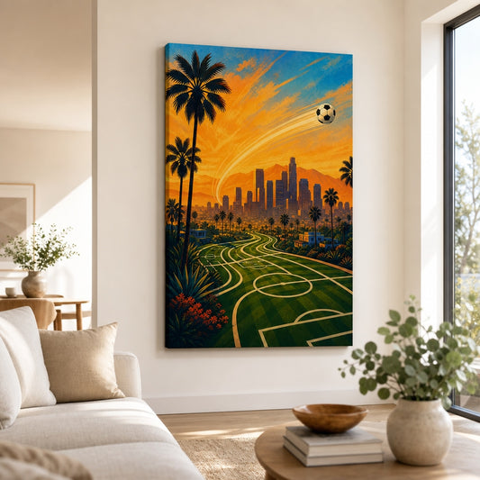 Los Angeles Palm Skyline Soccer Canvas Wall Art living room wall mockup