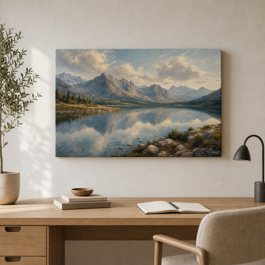 Mountain lake wrapped canvas wall art in office