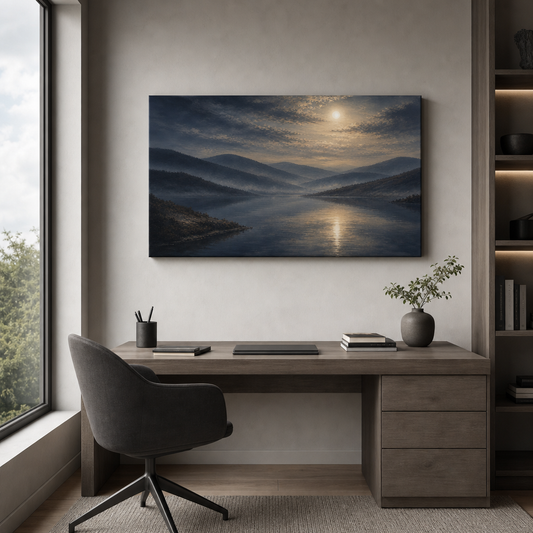 Moody misty lake wrapped canvas wall art in office