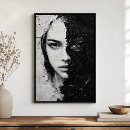 Black White Impasto Split Face Floater Frame Canvas Wall Art - canvas wall art by AUSJOJO