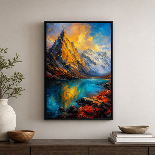 Mountain Lake Impressionist Floater Frame Canvas Wall Art — room scene in a floater frame