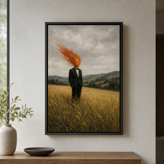 Flame Head Suit Wheat Field Floater Frame Canvas Wall Art — room scene in a floater frame