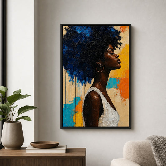 Blue Afro Profile Impasto Portrait Floater Frame Canvas Wall Art - canvas wall art by AUSJOJO