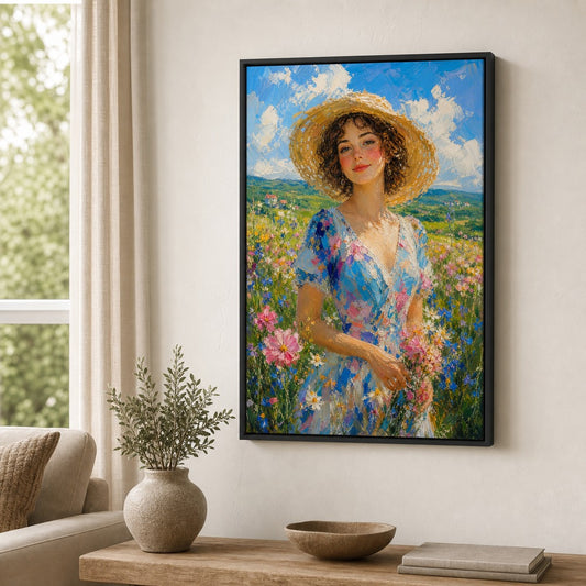Impressionist Young Woman Wildflowers Hat Floater Frame Canvas Wall Art — room scene in a floater frame