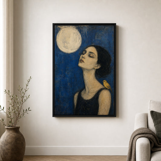 Moon Bird Woman Expressionist Portrait Floater Frame Canvas Wall Art - canvas wall art by AUSJOJO