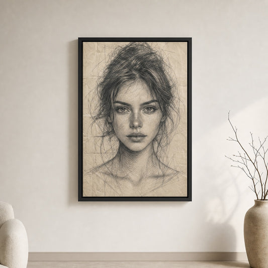 Pencil Front Female Portrait Floater Frame Canvas Wall Art - canvas wall art by AUSJOJO