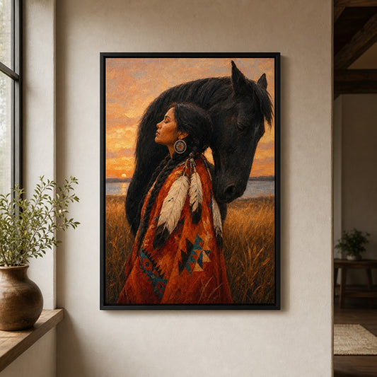 Indigenous Woman and Black Horse Floater Frame Canvas Wall Art - animal wall art by AUSJOJO