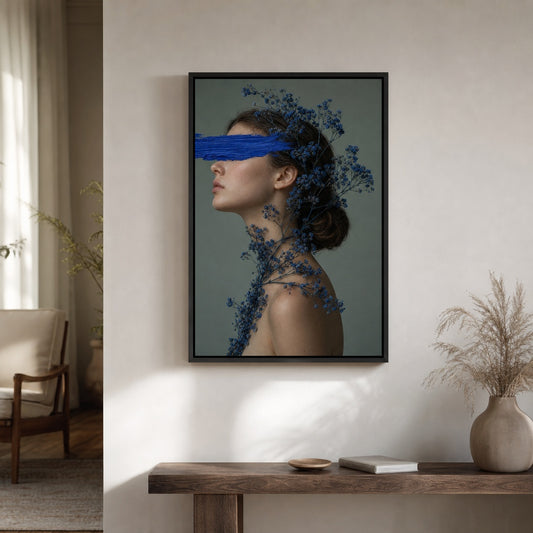 Blue Paint Blindfold Profile Portrait Floater Frame Canvas Wall Art - canvas wall art by AUSJOJO